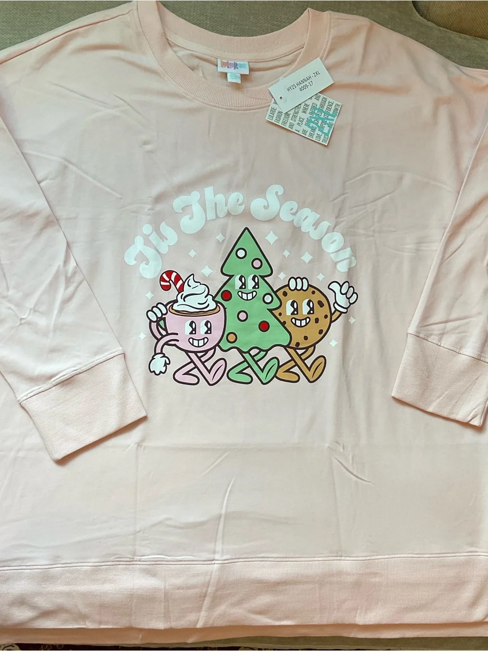 Light Pink Holiday Graphic Sweatshirt Top with Festive Characters